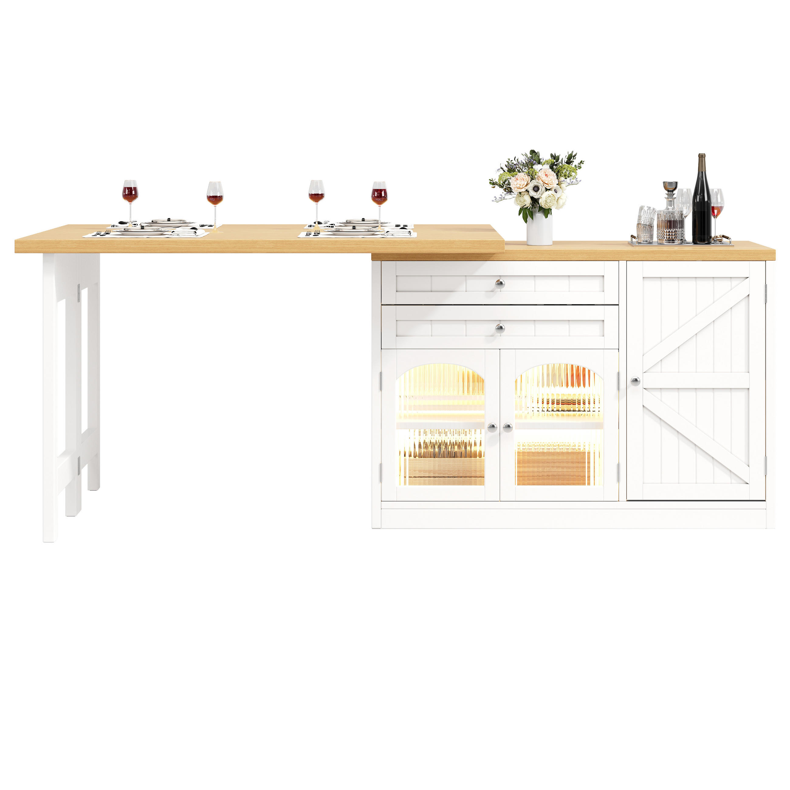 KÜCHENINSEL Ausziehbar 120 194cm 360° Drehbar Glastüren Weiß Schwarz - Weiß, Metall (120/73.5/40cm) - FLIEKS