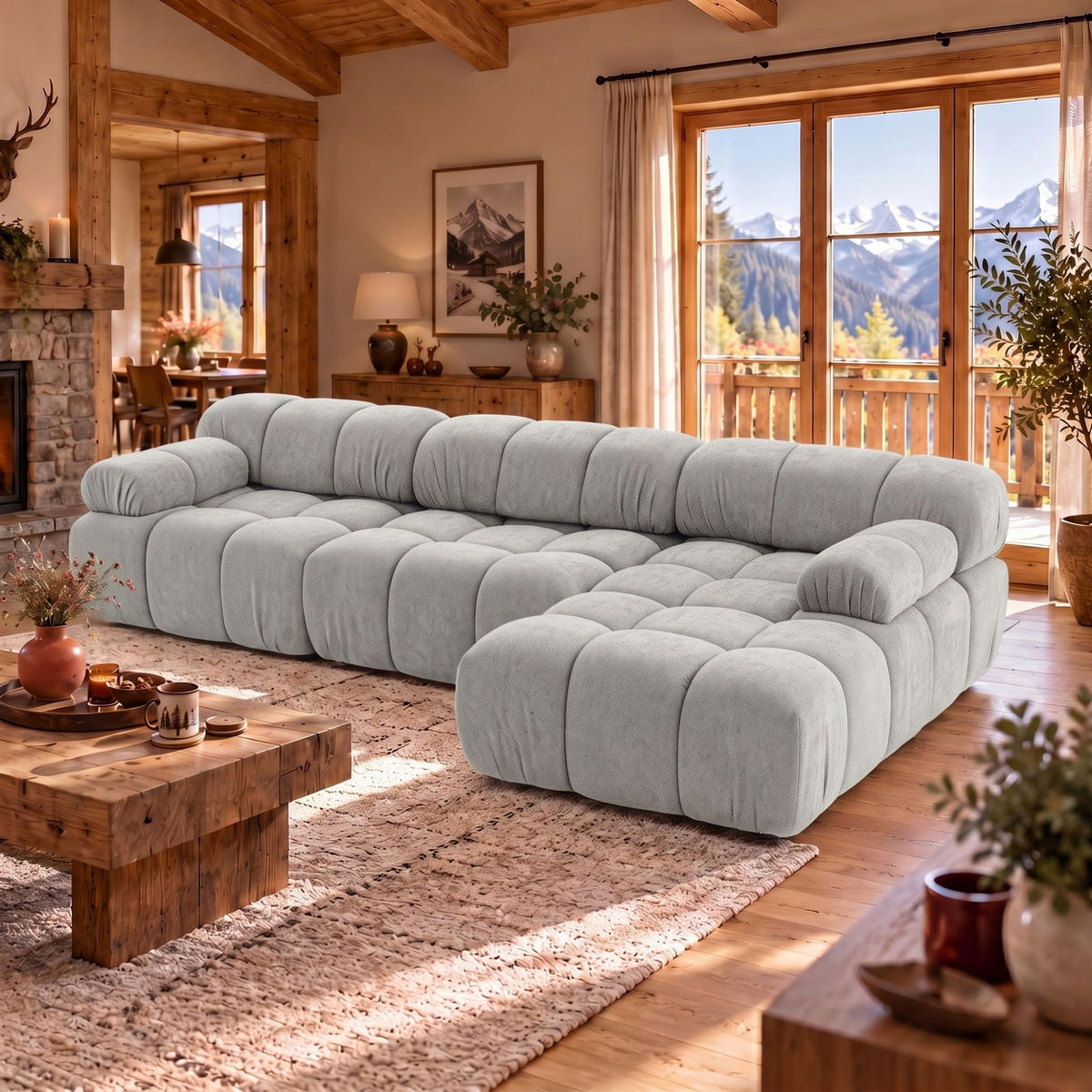MODULARES Ecksofa MOMENTUM L, Rechts, Breite 282 cm, strukturierter Stoff, Grau - Chromfarben/Grau, Holz/Textil (155/282cm) - Muffo