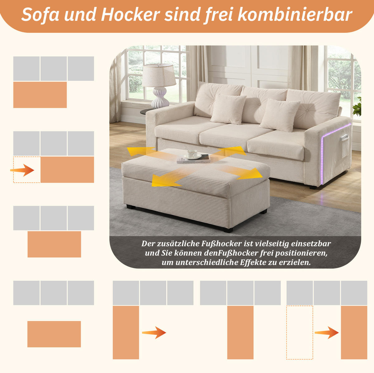 SOFA L-Form mit LED und Hocker Cord Beige 5-Kissen-Set - Beige, Kunststoff (184/84.5cm) - IVMEU