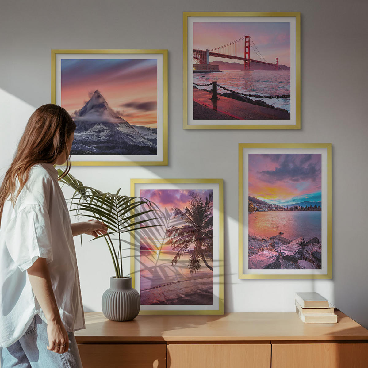 BILDER SET 4er Set - 50x50 cm & 40x60 cm Goldrahmen - Sonnenuntergangsbrücke Landschaft - Goldfarben, Kunststoff (50/50cm) - TULUP