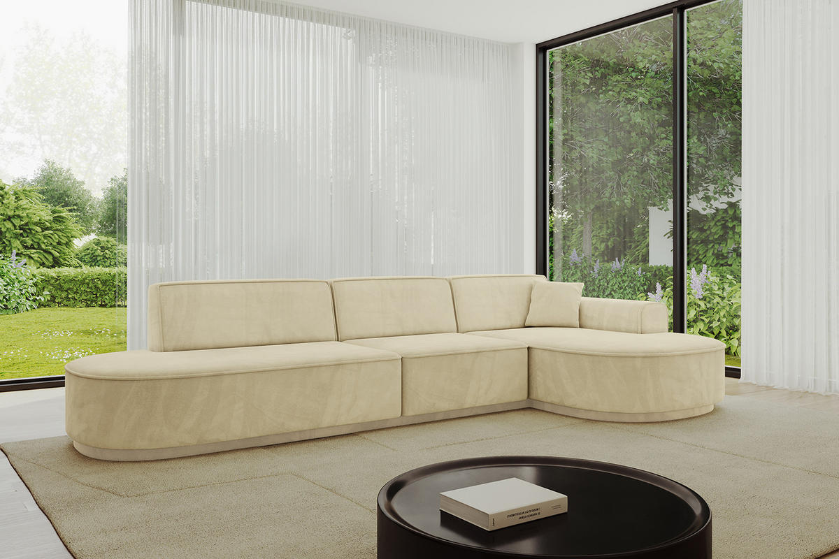 ECKSOFA Ottomane Rechts MARI-L2-v3 - 328x171x83 cm Beige Velours - Beige/Schwarz, Holzwerkstoff/Kunststoff (171/328cm) - ALTDECOR