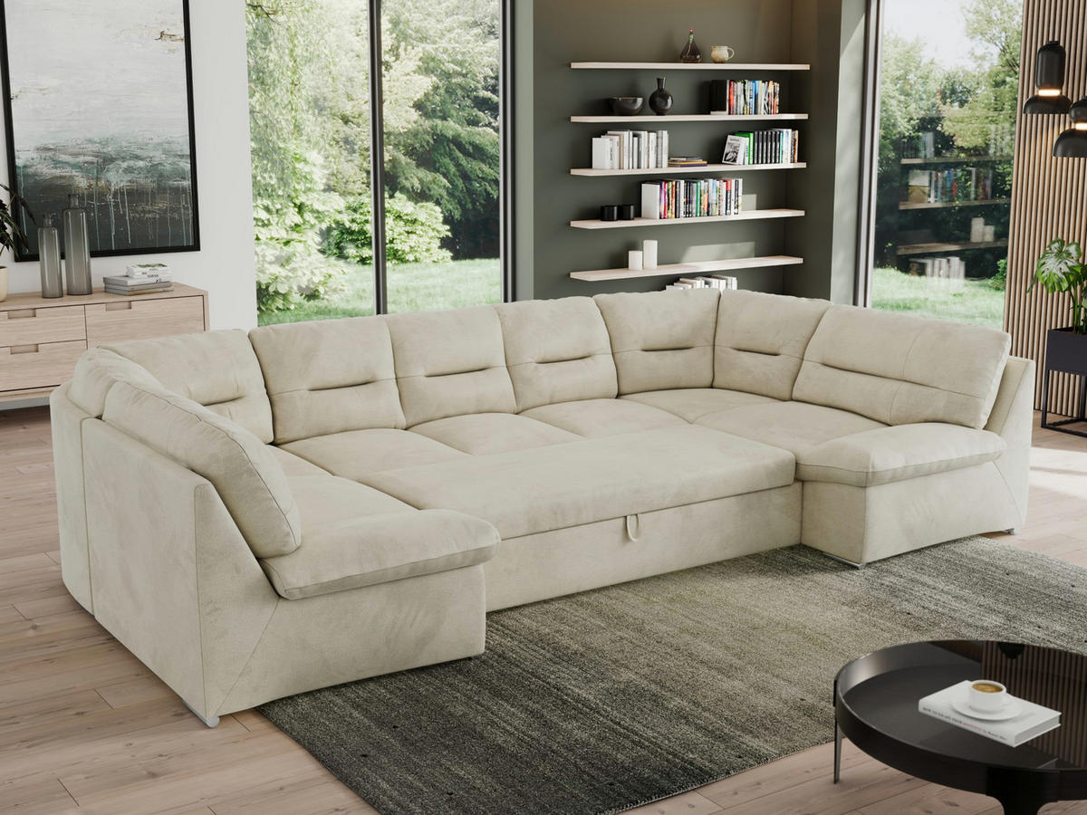 WOHNLANDSCHAFT MORBIDO U Beige Velvet - Beige/Silberfarben, Textil/Metall (340/93/206cm) - MKS