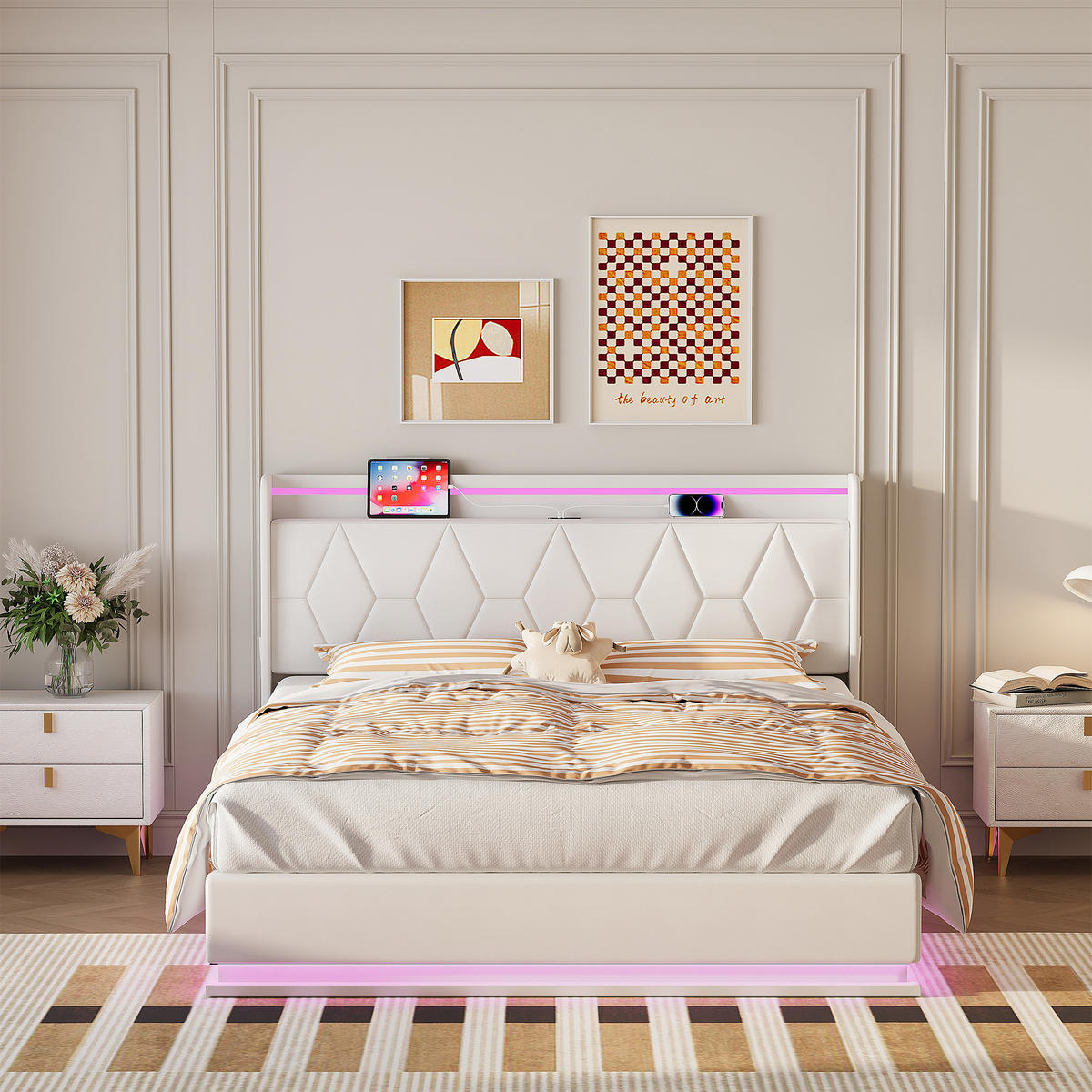 POLSTERBETT 160x200 cm LED USB Stauraum Lattenrost Samt weiß - Weiß, Holz (160/200cm) - LEBENLANG