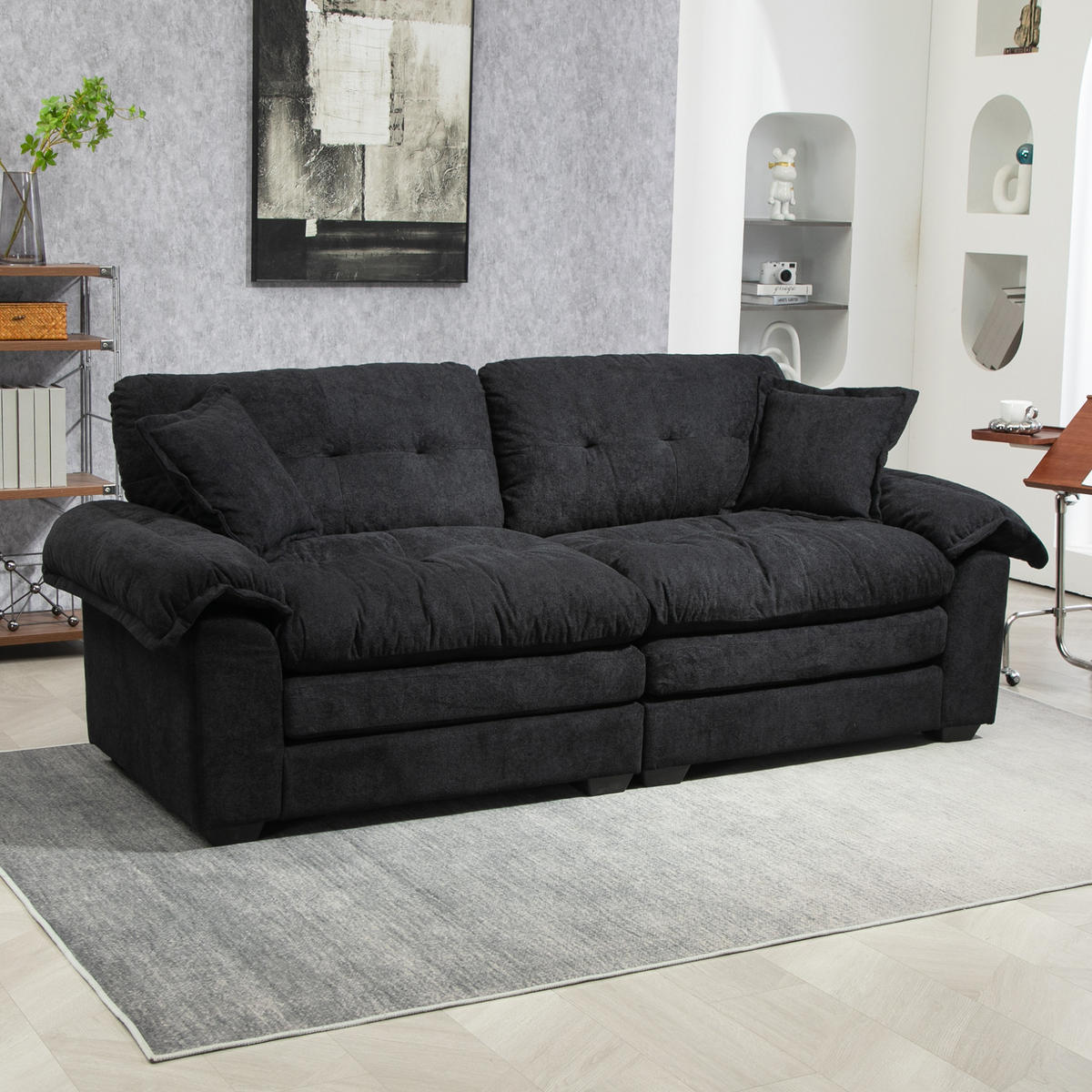 SOFA 2-Sitzer tiefer Sitz 214 x 89 x 93 cm Chenille Schwarz - Schwarz, Kunststoff (214/93/89cm) - Meubliv