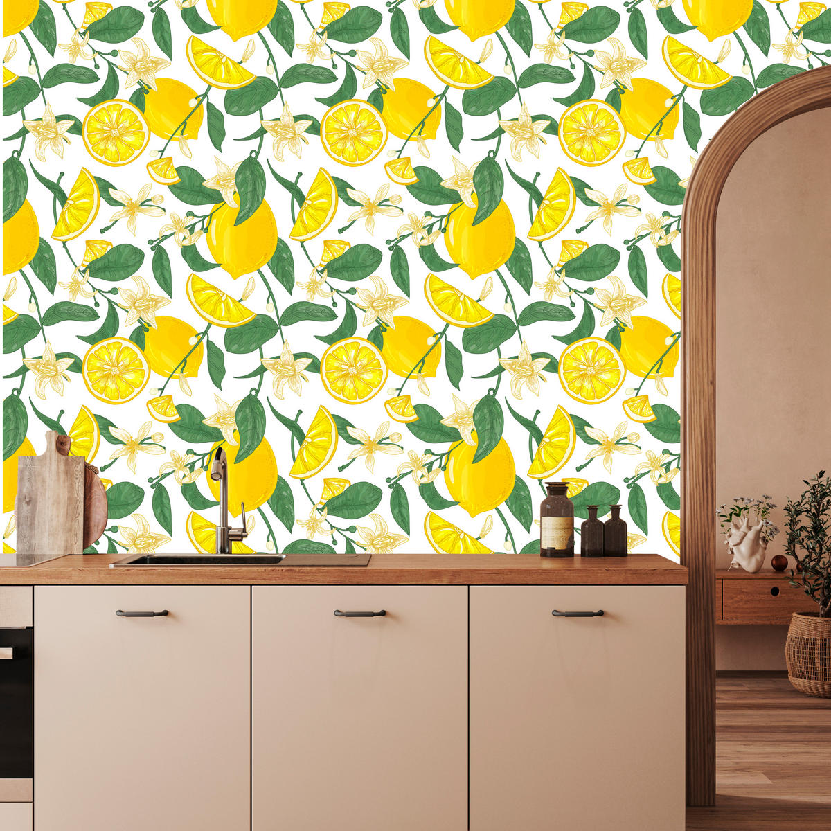VLIESTAPETE Zitronen und Zitrusblätter – Gelb, Grün, Weiß – 50x1000 cm - Gelb/Weiß, Papier (50/1000cm) - Muralo