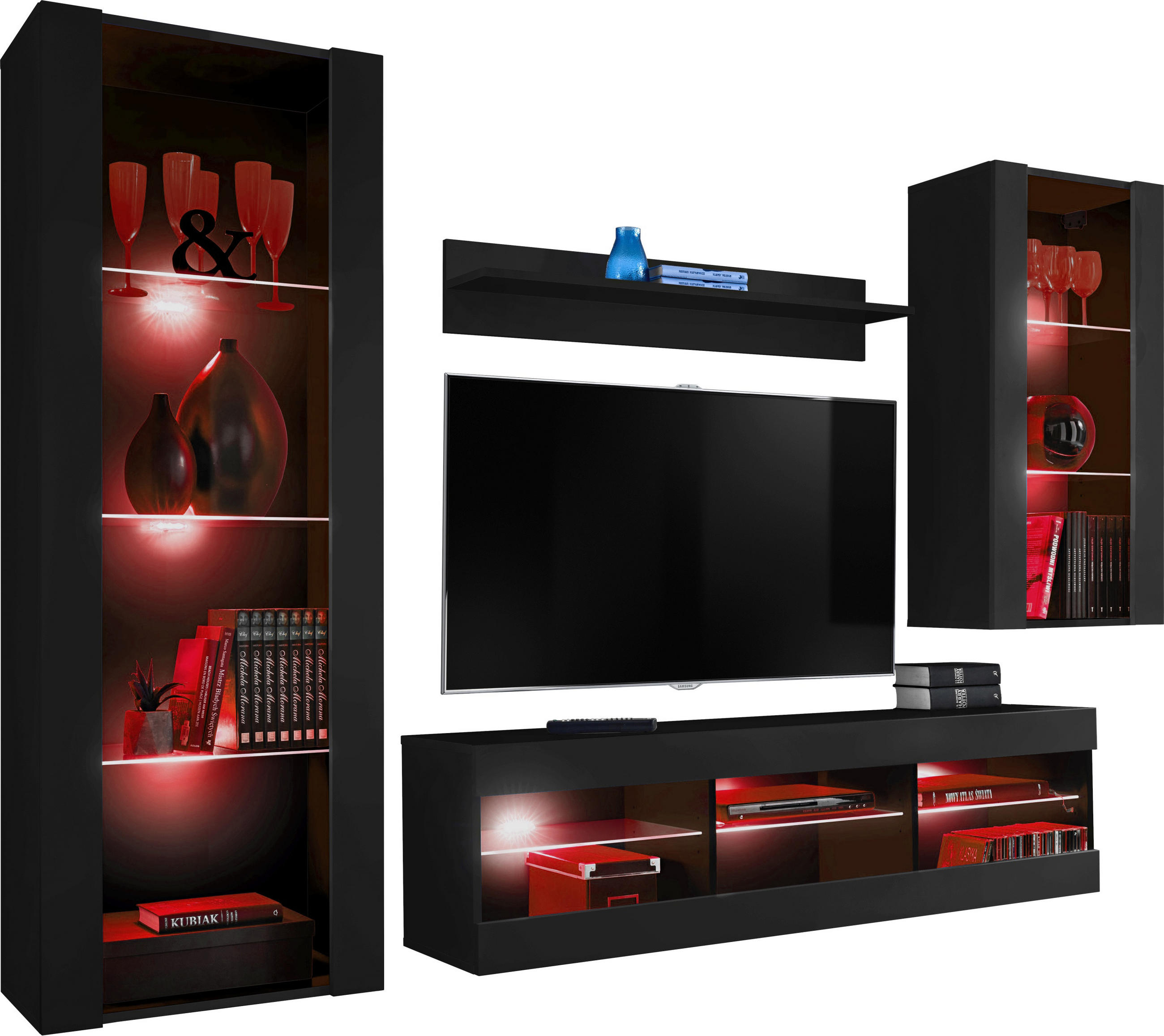 WOHNZIMMERSET TIVOLI MEDIO, 4er-Set, Schwarz, LED Mehrfarbige - Schwarz, Glas/Holzwerkstoff (245/159/35cm) - Komodee