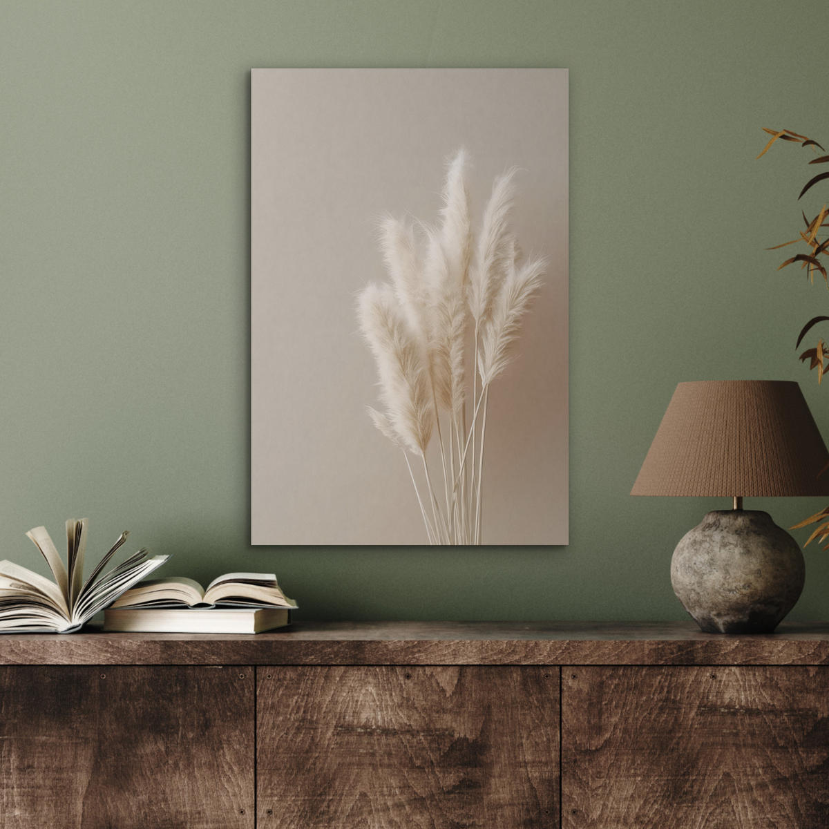 AKUSTIKBILD Pampasgras - Federn - Pastell - Weiß Kunstdruck Schlafzimmer 50x70 cm - Naturfarben, Kunststoff (50/70/0.9cm) - MuchoWow