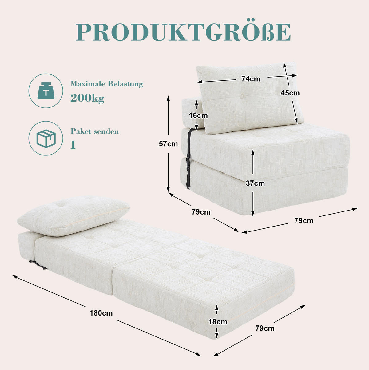 SCHLAFSOFA 79/79/57 cm in Beige – faltbar mit Kissen und Chenillebezug - Beige, Textil (79/57/79cm) - BEAOK
