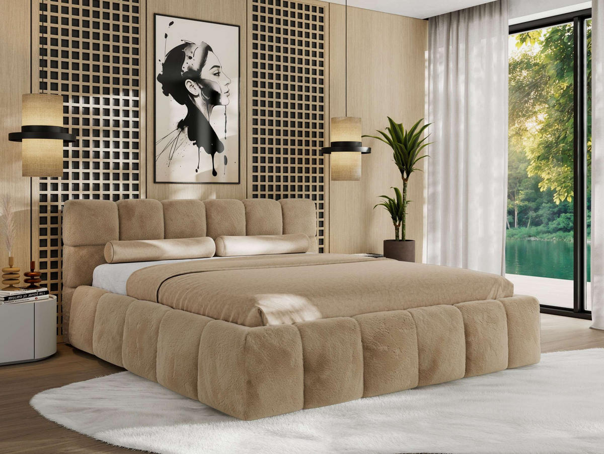 POLSTERBETT NIRA CLASSIC 160/200 - Beige Plüsch - Schaum-Matratze - Beige, Textil (160/200cm) - MKS