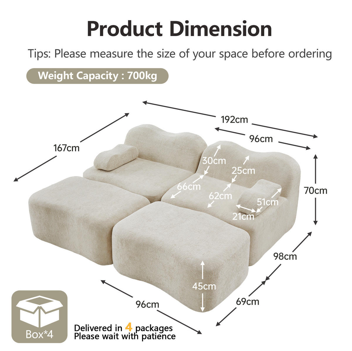 2-SITZER Sofa aus Samt Beige mit 2 Hockern, rahmenloses Design und 32D-Hochdichtschaum - Beige, Textil (192/70/167cm) - Modfu