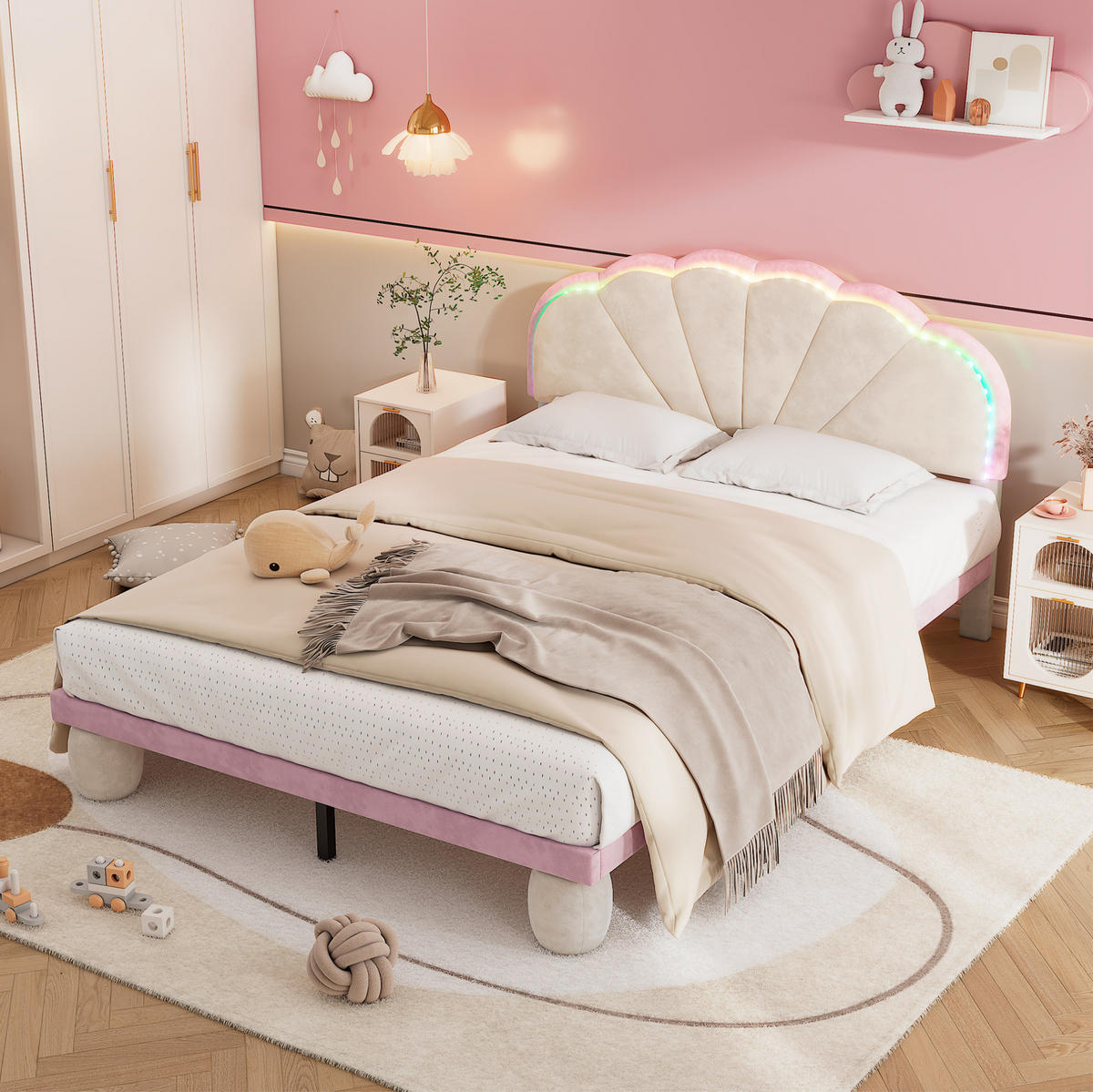 POLSTERBETT 140/200 cm aus Samt in Beige/Rosa mit LED-Beleuchtung - Beige, Textil (140/200cm) - Flora Grace