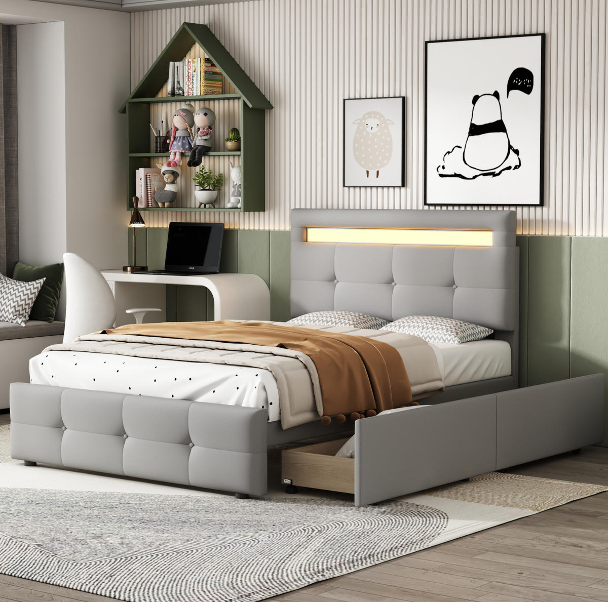 POLSTERBETT 90/200 cm Grau mit LED-Beleuchtung und 2 Schubladen - Grau, Textil (90/200cm) - Flora Grace