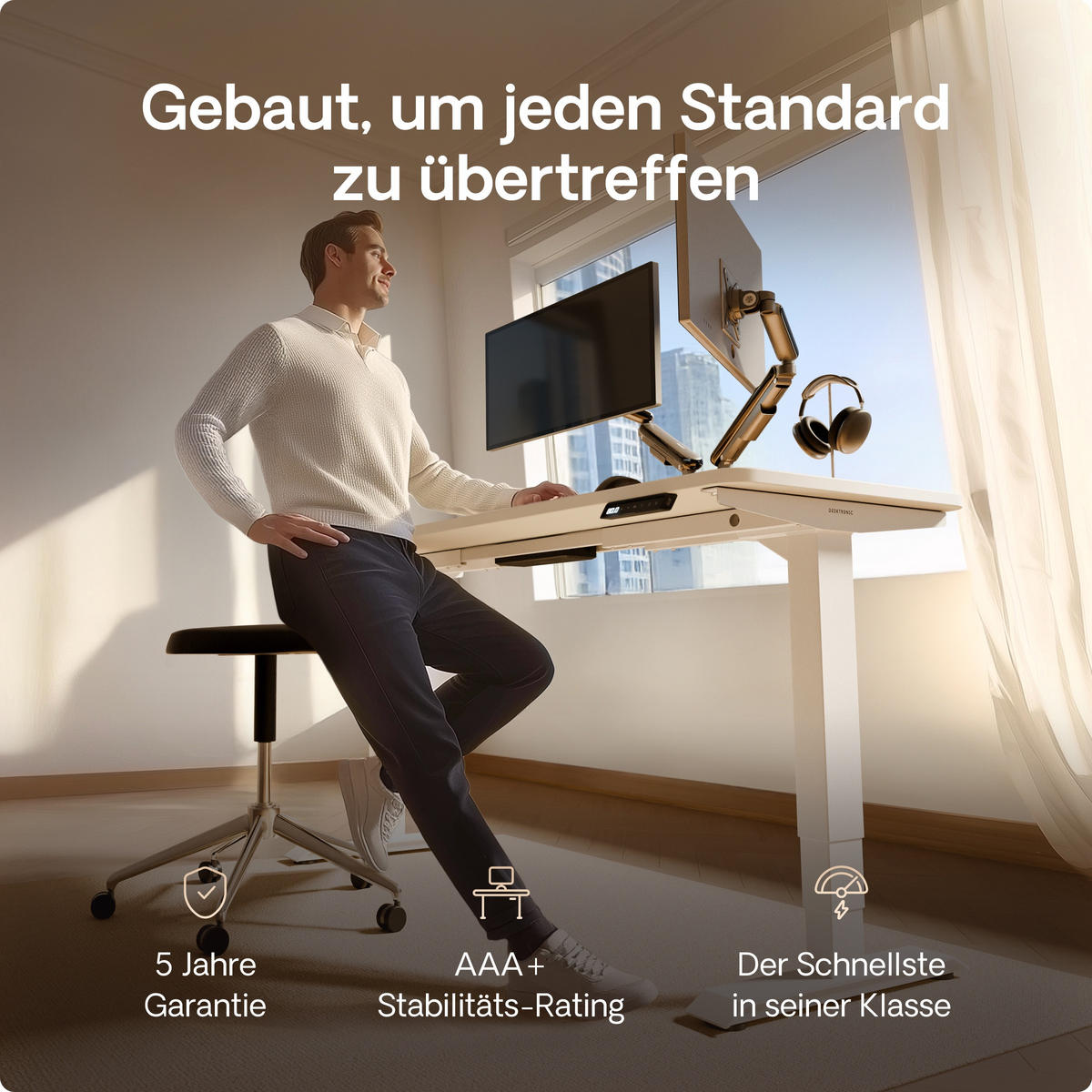 SCHREIBTISCH Elektrisch Höhenverstellbarer HomePro 160x80cm Weiß/Weiß mit Memory-Funktion, Anti-Kollisions Technologie - Weiß, Holzwerkstoff (80/160/62cm) - Desktronic