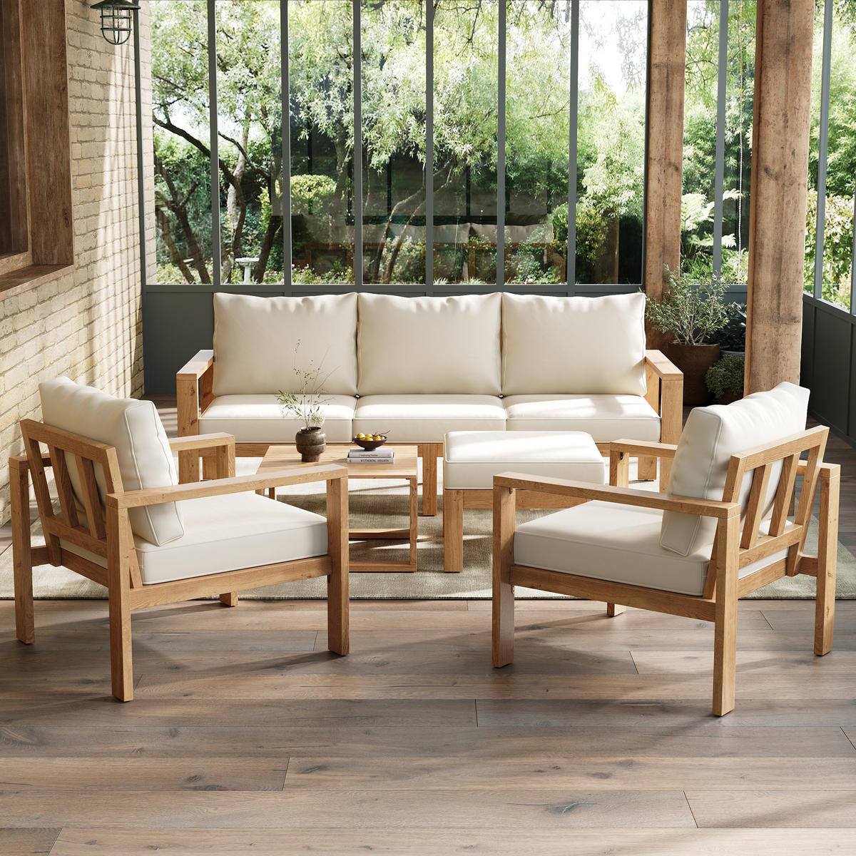 GARTENMÖBEL-SET, 4-6 Personen, Akazienrahmen, Natur/Creme - Creme, Textil - FLIEKS