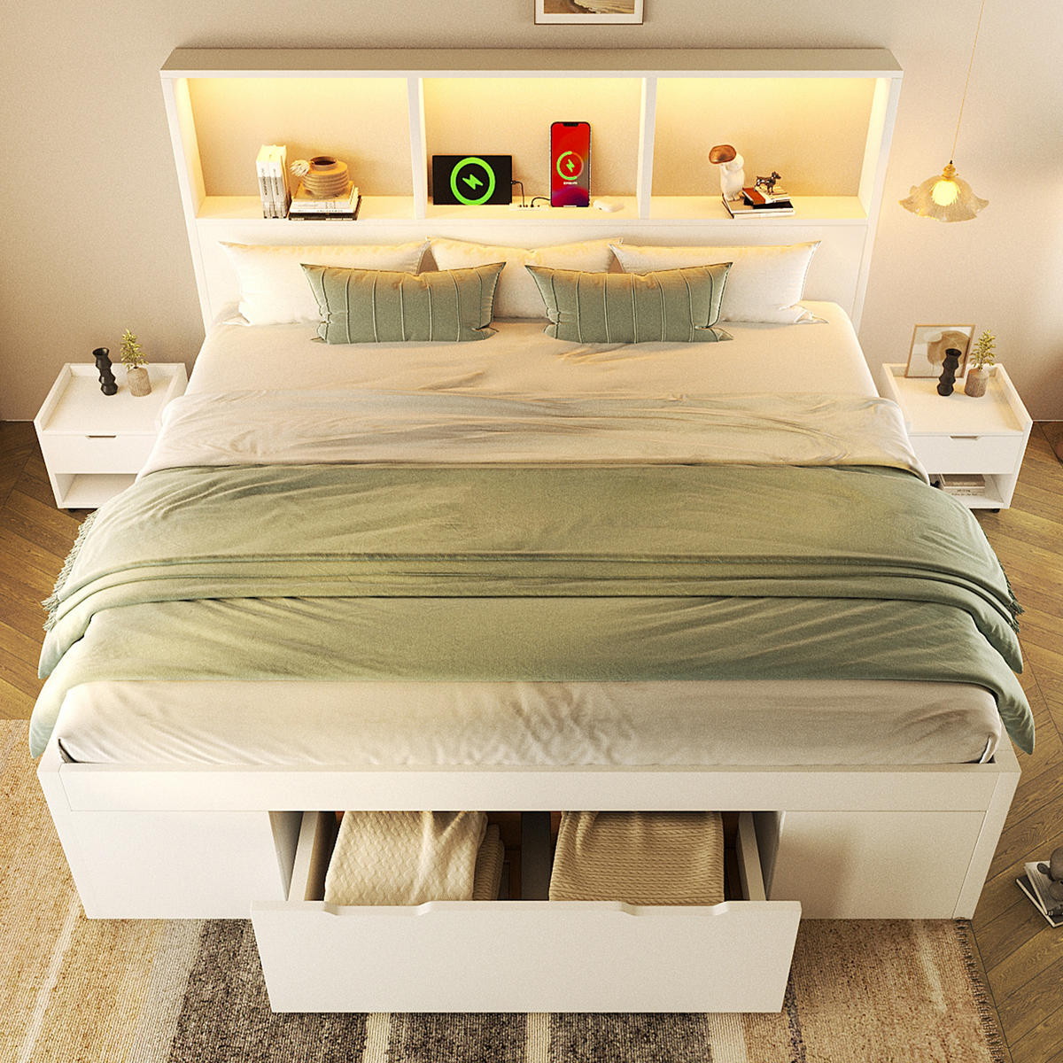 BETT 140/190 cm in Weiß mit Schublade, Regalen, LED und USB Type-C Holz Design - Weiß, Holzwerkstoff (140/190cm) - STILVORA
