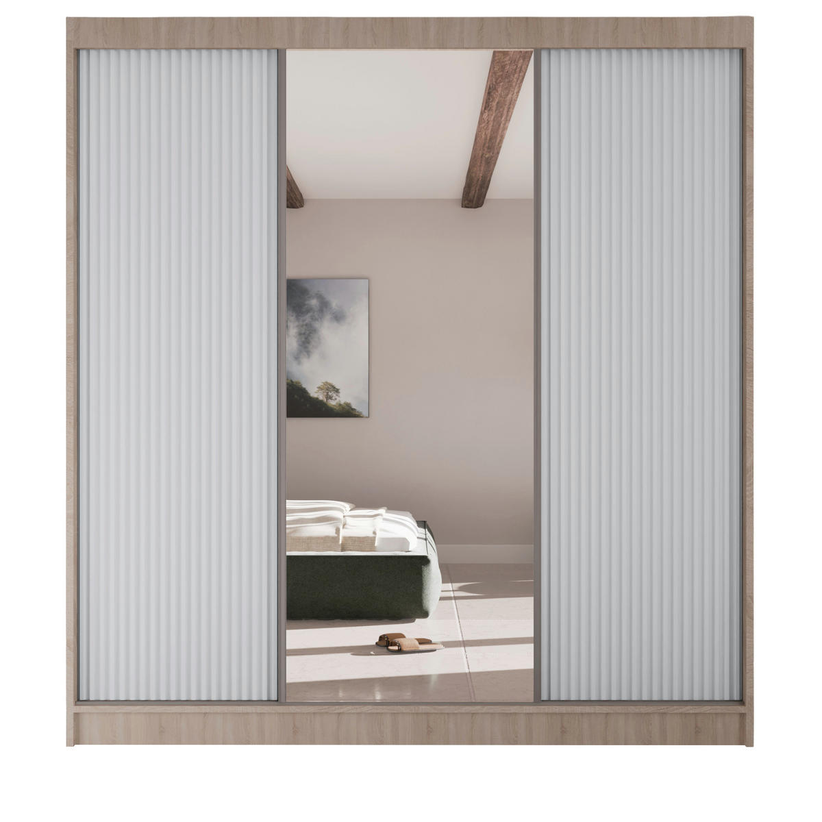 SCHWEBETÜRENSCHRANK Rafi mit Spiegel und mit geriffelten Fronten, 200 cm, eiche Sonoma+Weiß - Weiß/Sonoma Eiche, Holzwerkstoff (200/215/61cm) - AN-Moebel 4u
