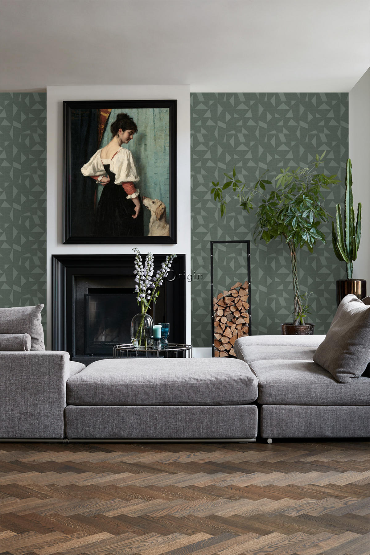 TAPETE grafisches Muster in Gewebeoptik 53 cm x 10.05 m - Grün, Papier (53/1000cm) - Origin Wallcoverings
