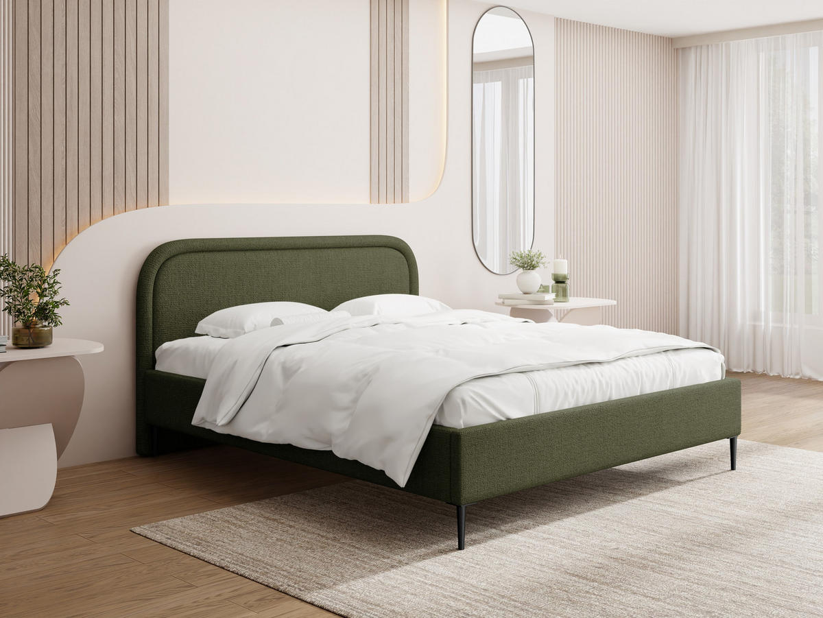 POLSTERBETT Jasmine Slim mit Bettkasten, Lattenrost & hohen Metallfüßen in Grün Chenille 140x200 cm - Birkefarben/Schwarz, Holz/Textil (140/200cm) - WFL GROUP