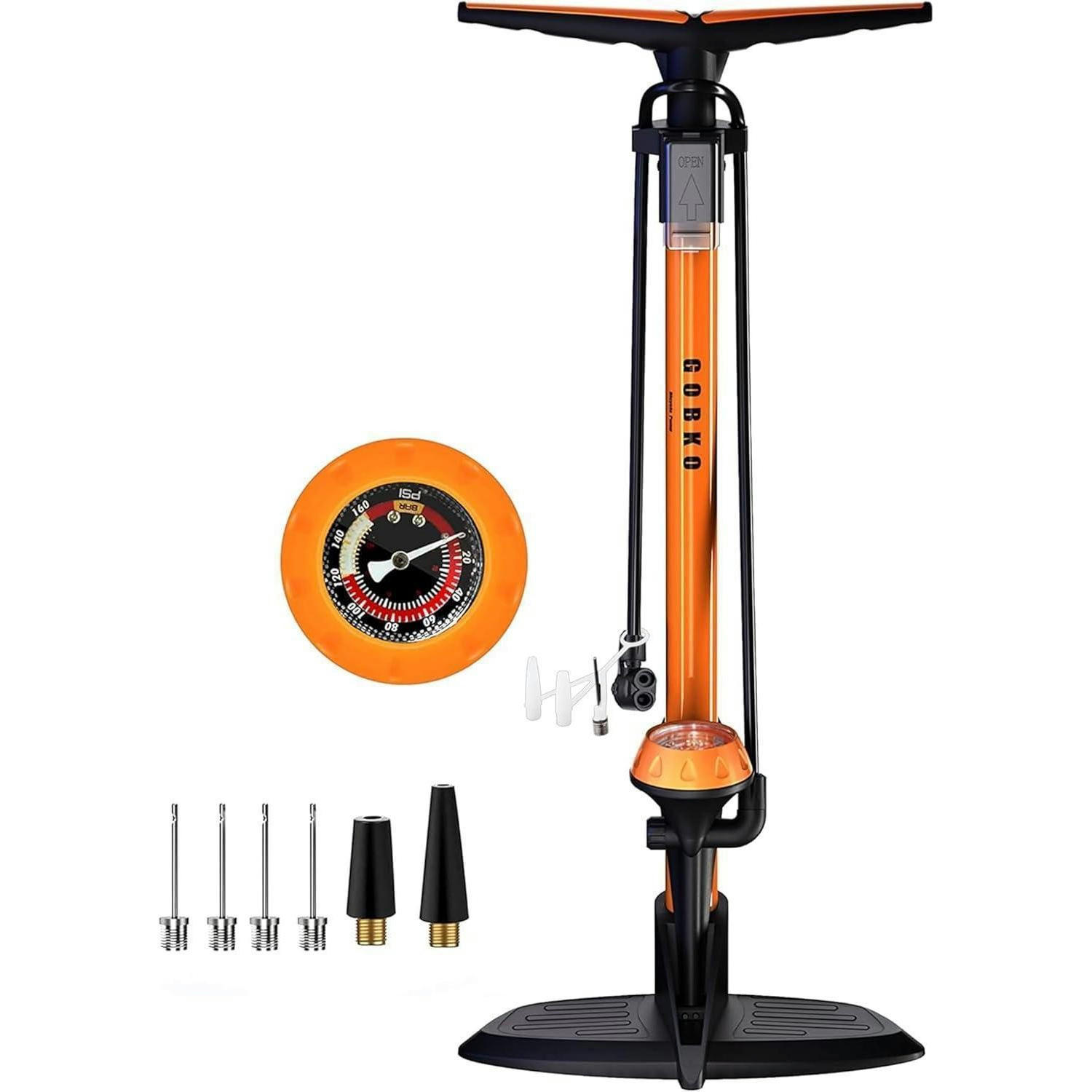FAHRRADPUMPE mit Manometer für Presta und Schrader Ventile - Orange, Metall (24.1/73.7/24.1cm)