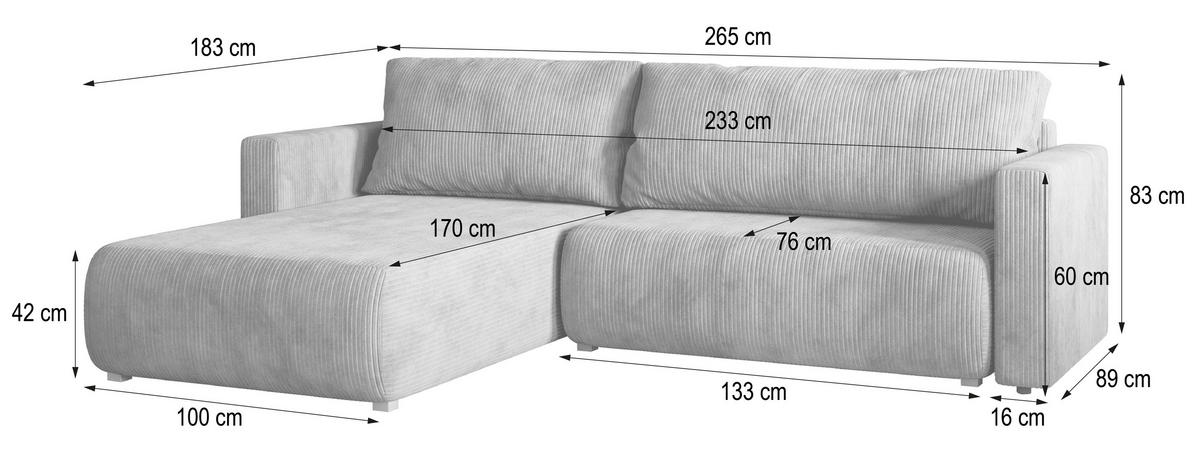 ECKSOFA TURIN P Grau Kordstoff mit Schlaffunktion - Grau, Holz (265/183cm) - MASSENO