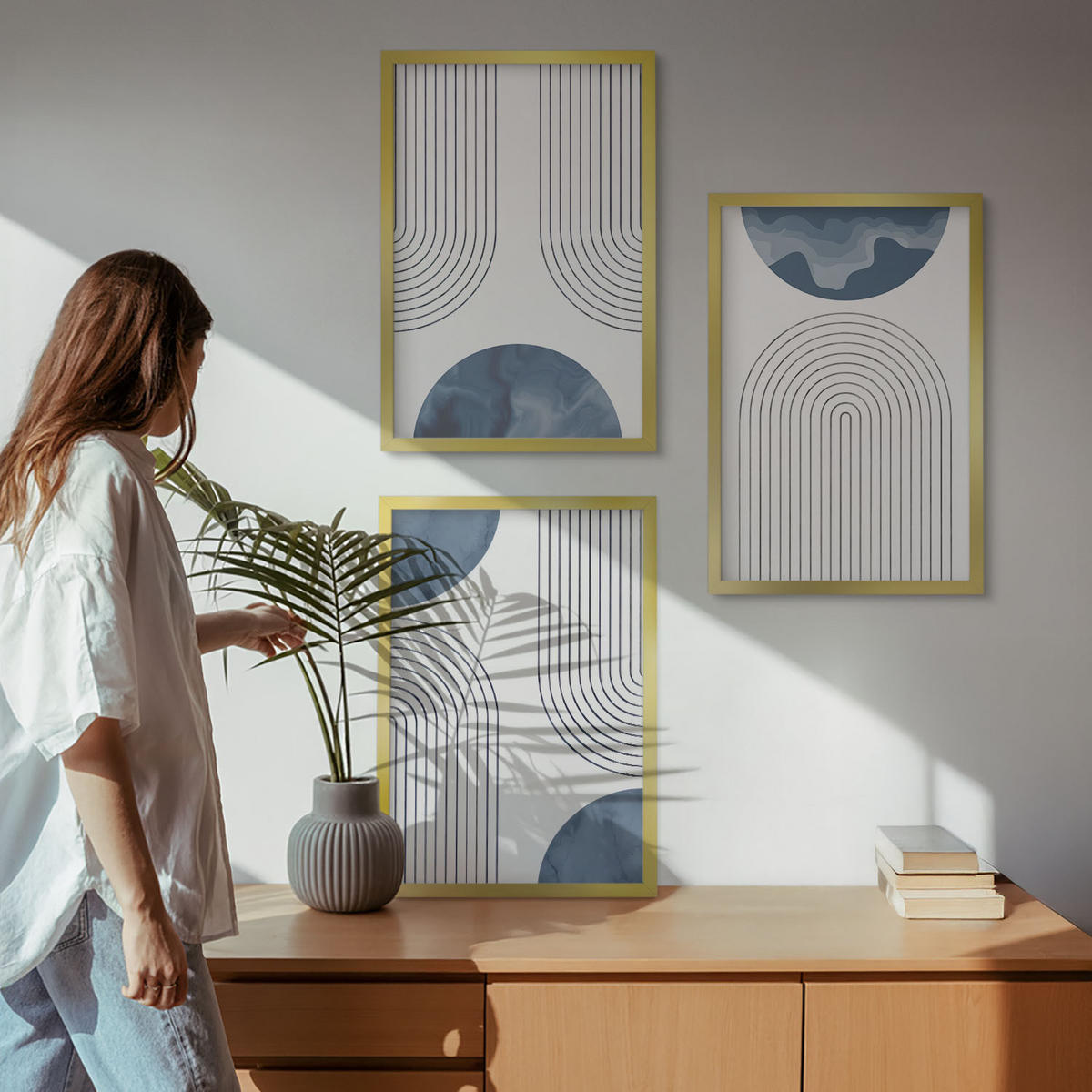 WANDBILDER 3er Set - 40x60 cm Goldrahmen - Abstrakte blaue Muster - Goldfarben, Kunststoff (40/60cm) - ArtPrintCave