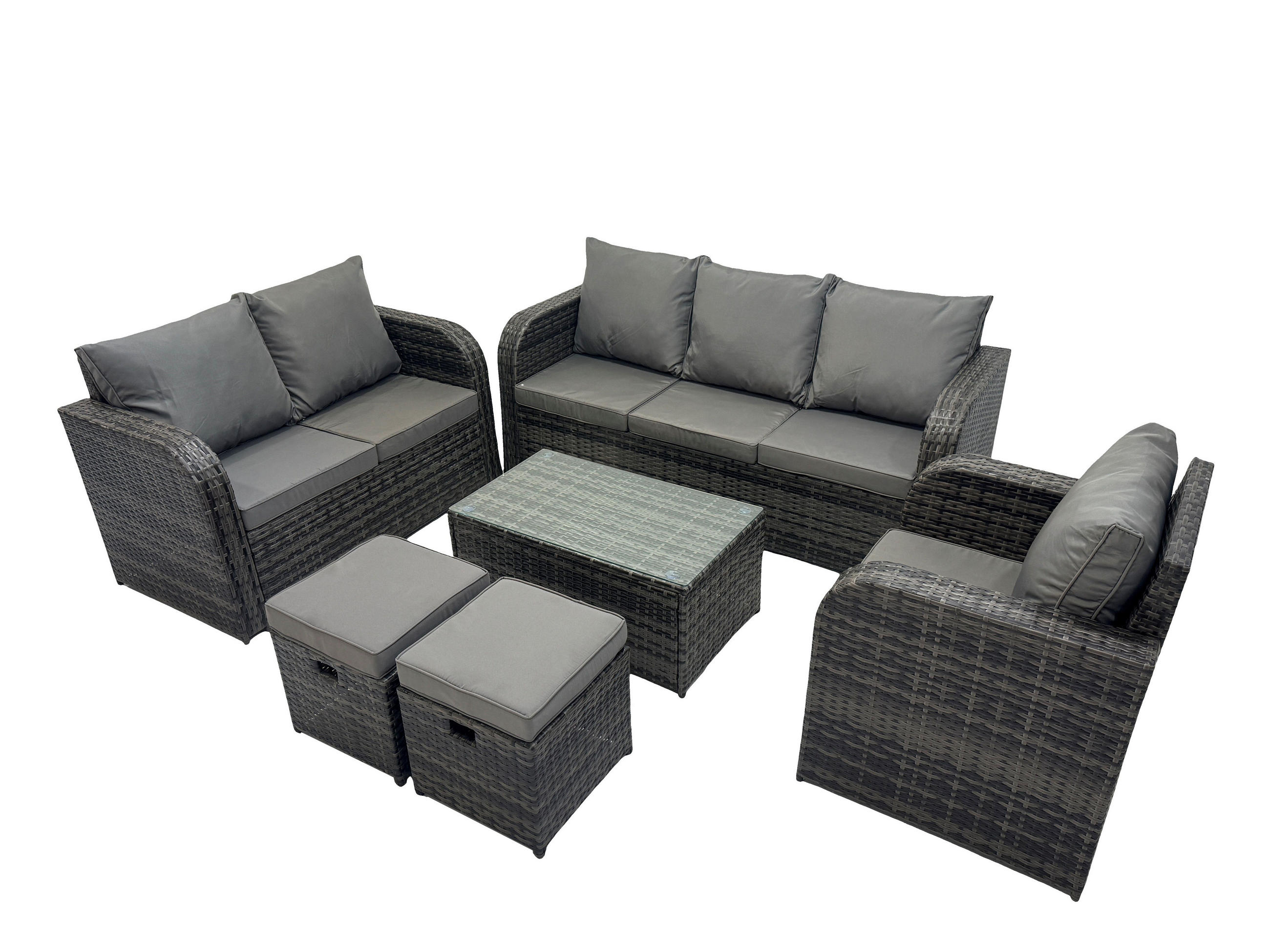 GARTENSET Polyrattan Dunkelgrau 6-Sitzer - Dunkelgrau/Grau, Glas/Kunststoff - Fimous