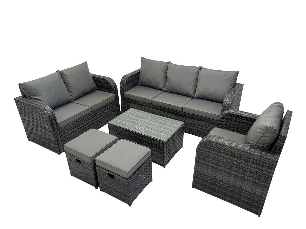 GARTENSET Polyrattan Dunkelgrau 6-Sitzer - Dunkelgrau/Grau, Glas/Kunststoff - Fimous