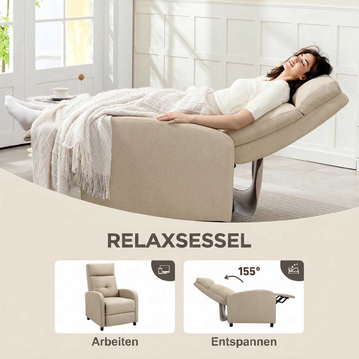 RELAXSESSEL Polyester Beige - Beige, Textil (67/98/87cm) - HOMCOM