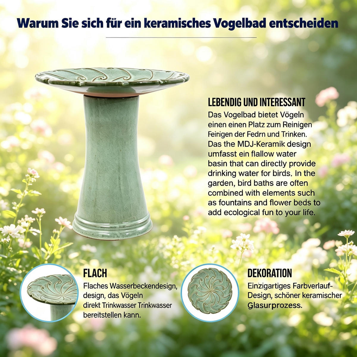 VOGELBAD mit Standfuß, Keramik Ø43/45H cm, Wetterfest, Hellgrün - Hellgrün, Keramik (43/45/43cm) - LVHOM