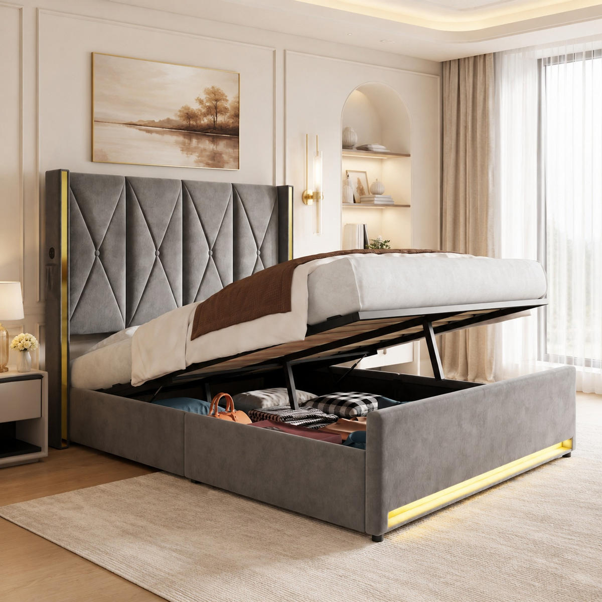 POLSTERBETT 160/200 mit Bettkasten, LED, USB, Type-C und Seitentaschen aus Samt - Dunkelgrau, Holzwerkstoff/Textil (160/200cm) - EVRYAE