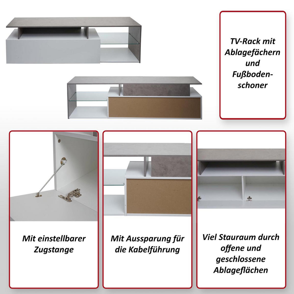 TV-RACK Beton Dekor, weiß - Weiß/Grau, Holz (170/47/40cm) - MCW