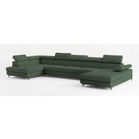 WOHNLANDSCHAFT MONTIVA Grün Boucle-Stoff mit Schlaffunktion - Grün, Holz (410/89/190cm) - MASSENO