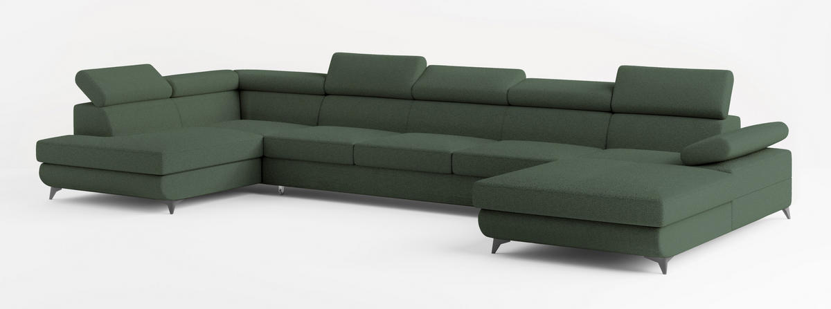WOHNLANDSCHAFT MONTIVA Grün Boucle-Stoff mit Schlaffunktion - Grün, Holz (410/89/190cm) - MASSENO