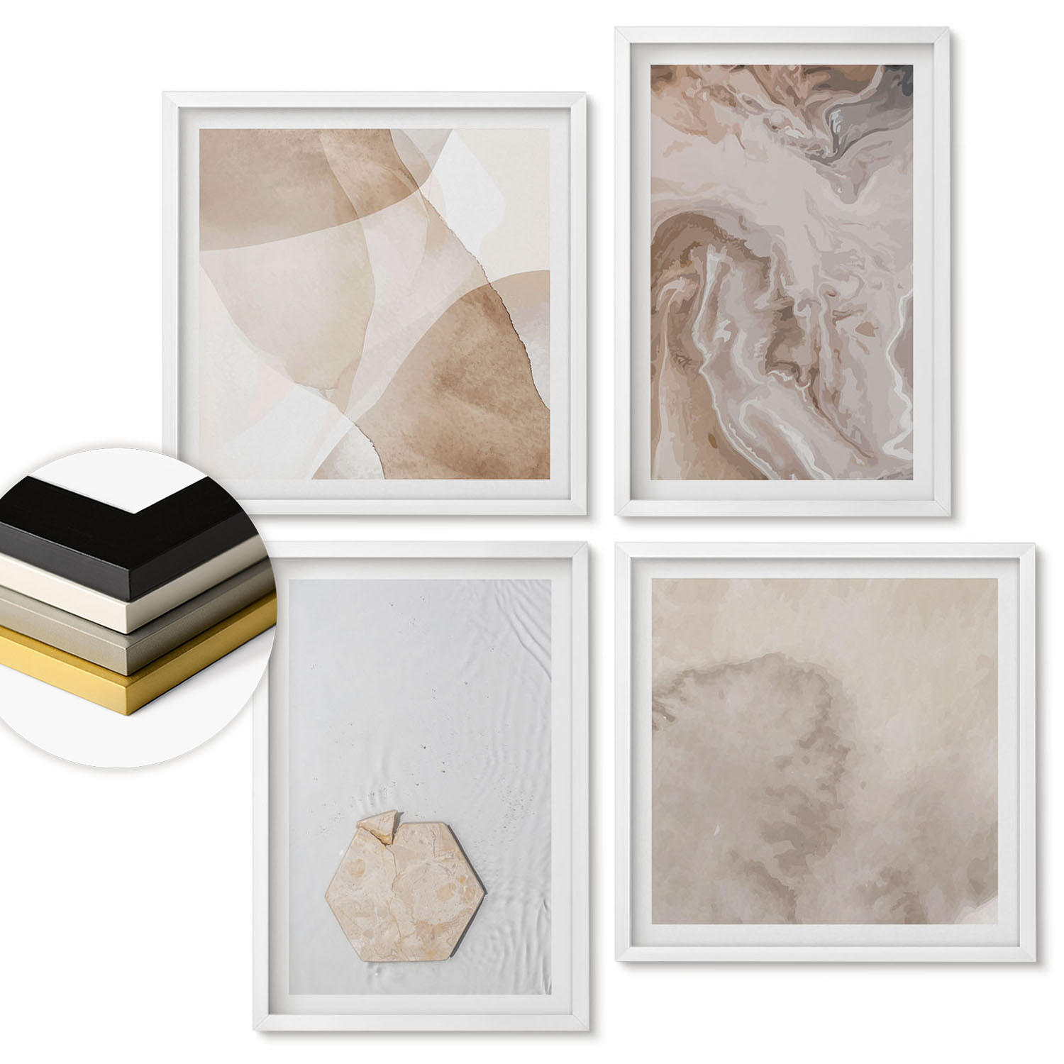 WANDBILDER 4er-Set - 50x50 cm & 40x60 cm Weißer Rahmen - Designabstraktion, Naturinspiration - Weiß, Kunststoff (50/50cm) - ArtPrintCave