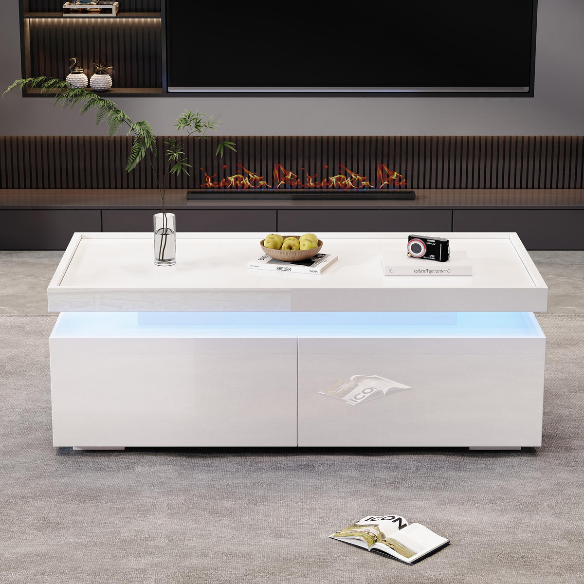 COUCHTISCH LED Weiß Hochglanz 2 Schubladen 95x45x35cm Geometrisch - Weiß, Holzwerkstoff (95/45/35cm) - FLIEKS