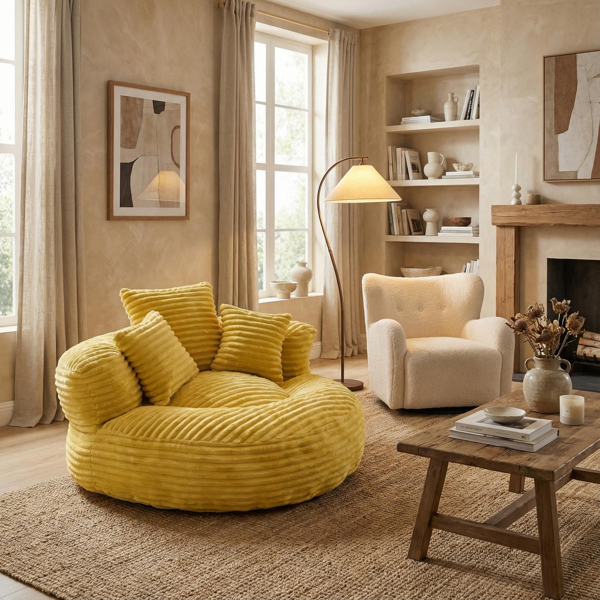 SITZSACK in Chenille mit 3 Kissen - Gelb, Textil (108/52/108cm) - Urban Meuble