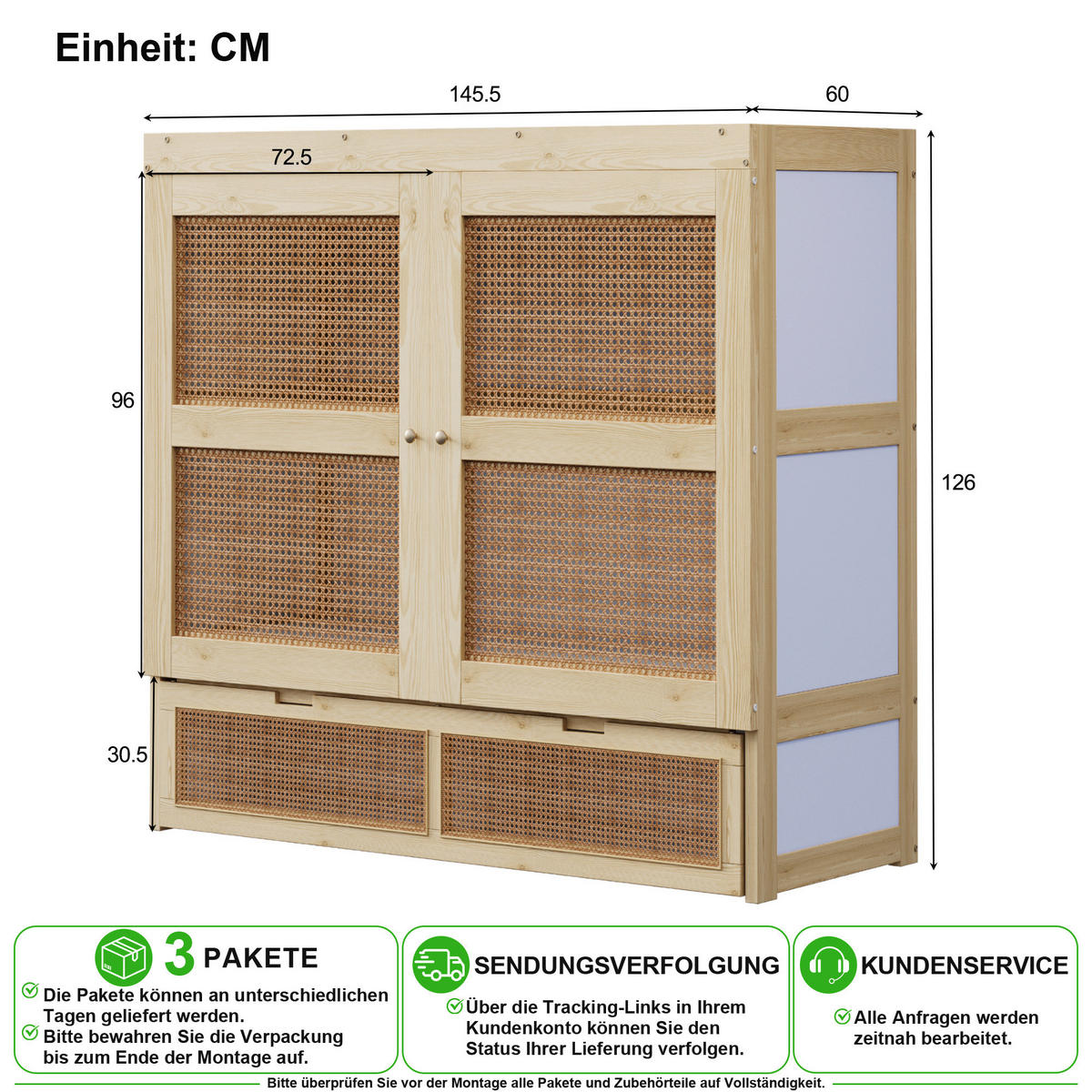 SCHRANKBETT 140/200 cm in Natur mit Schubladen und Stauraum im Rattan-Design - Naturfarben/Weiß, Holzwerkstoff/Metall (140/200cm) - CHICFURN