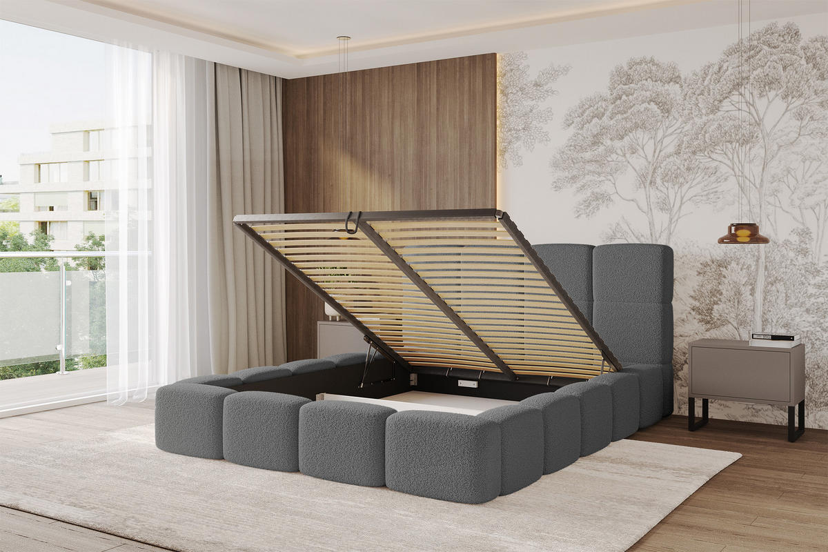 POLSTERBETT mit Bettkasten und Lattenrost mit Kopfteil, Boxbett ohne Matratze, mit Stauraum - NATA 160x200 Grau - Grau, Holzwerkstoff/Textil (160/200cm) - ALTDECOR