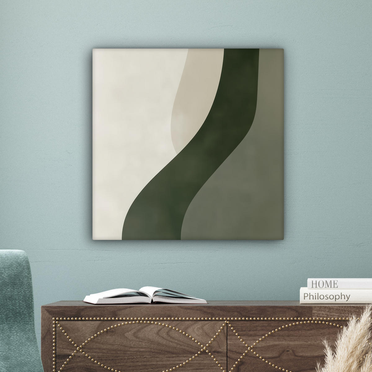 LEINWANDBILD Japandi - Grün - Abstrakt - Modern 50x50 cm - Olivgrün, Textil (50/50cm) - MuchoWow