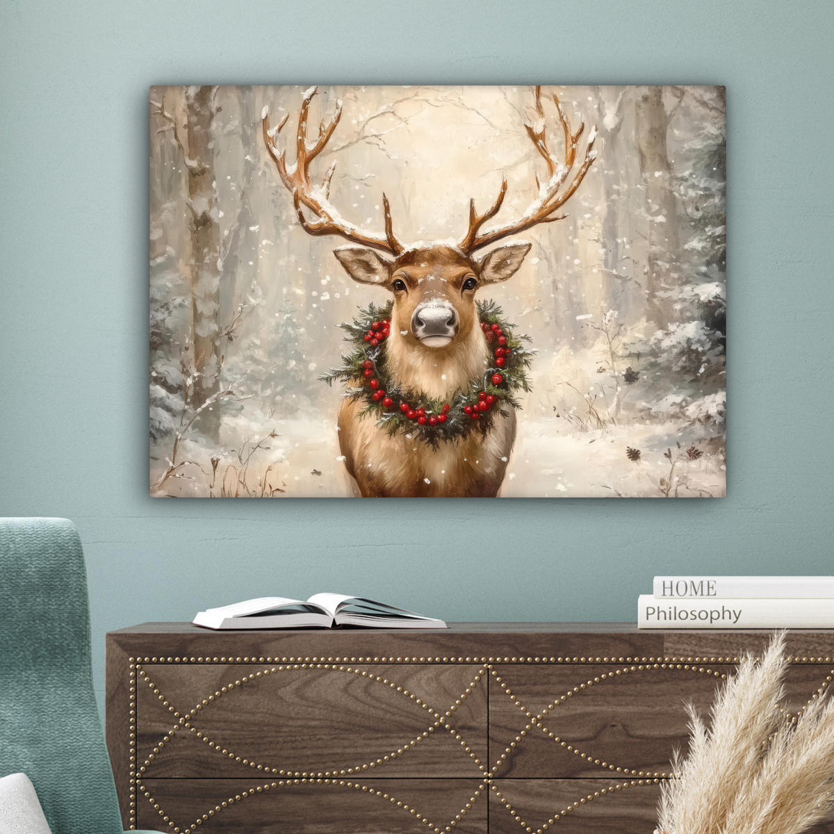 LEINWANDBILD Weihnachten - Rentier - Winter - Kranz Wandbilder 80x60 cm - Naturfarben, Textil (80/60cm) - MuchoWow