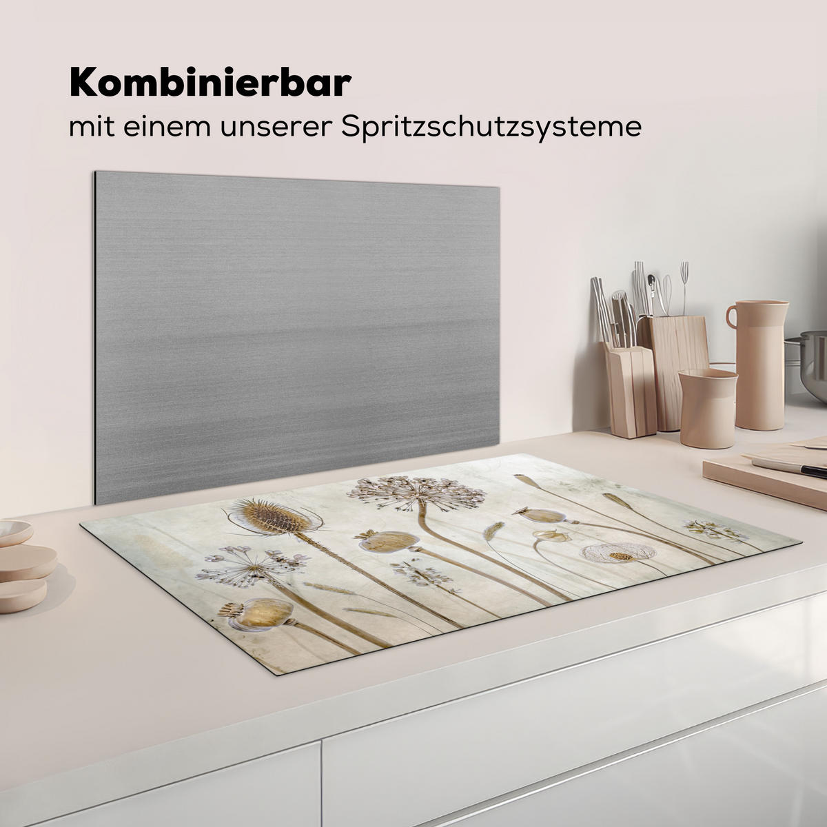 KRYT NA INDUKČNÍ DESKU Květiny - Akvarel - Zátiší - Hnědá - Vintage 83x51 cm - písková barva, plast (83/51.5/0.2cm) - MuchoWow