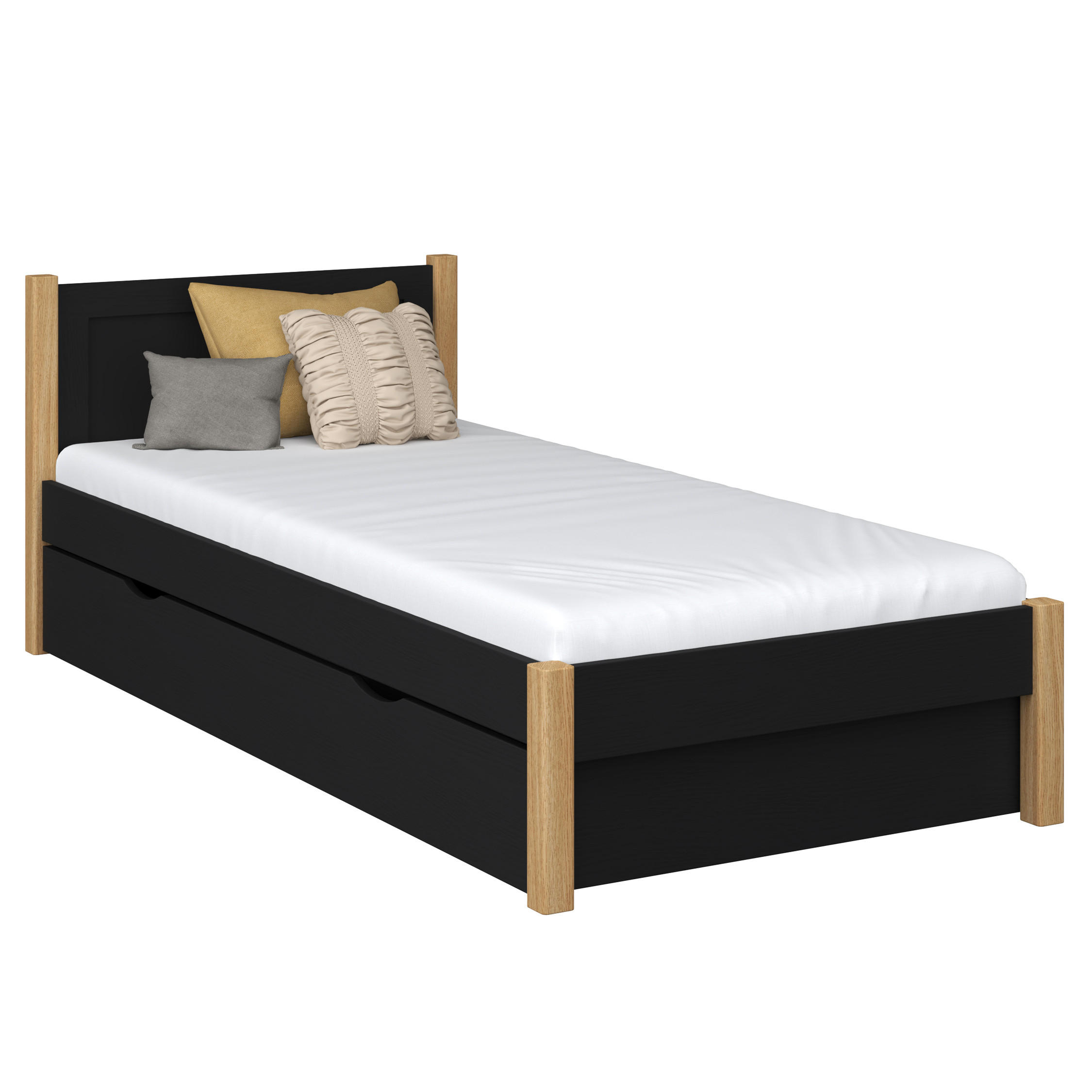 BETT mit Schublade N02 Schwarz / Eiche Natur 90/190 - Schwarz/Eiche Artisan, Naturmaterialien/Holz (90/190cm) - N-Wood