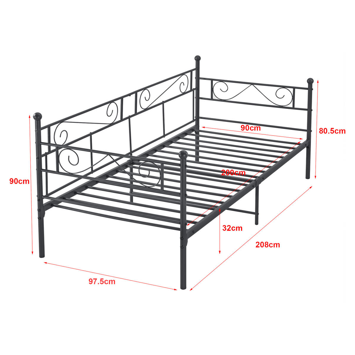 TAGESBETT Kerava - Schwarz, Metall (90/200cm) - [en.casa]