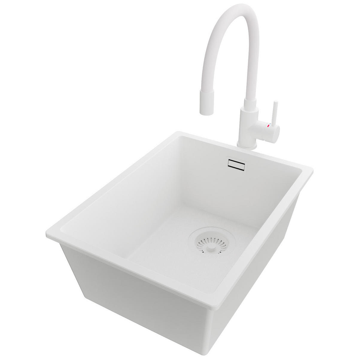 GRANITSPÜLE London Slim, 2-er set Alles Weiß 36/47 cm 1 Becken + Küchenarmatur 38/14 cm + Ablauf-Set ab 40er Unterschrank - Weiß, Kunststoff (36/20/47cm) - Primagran