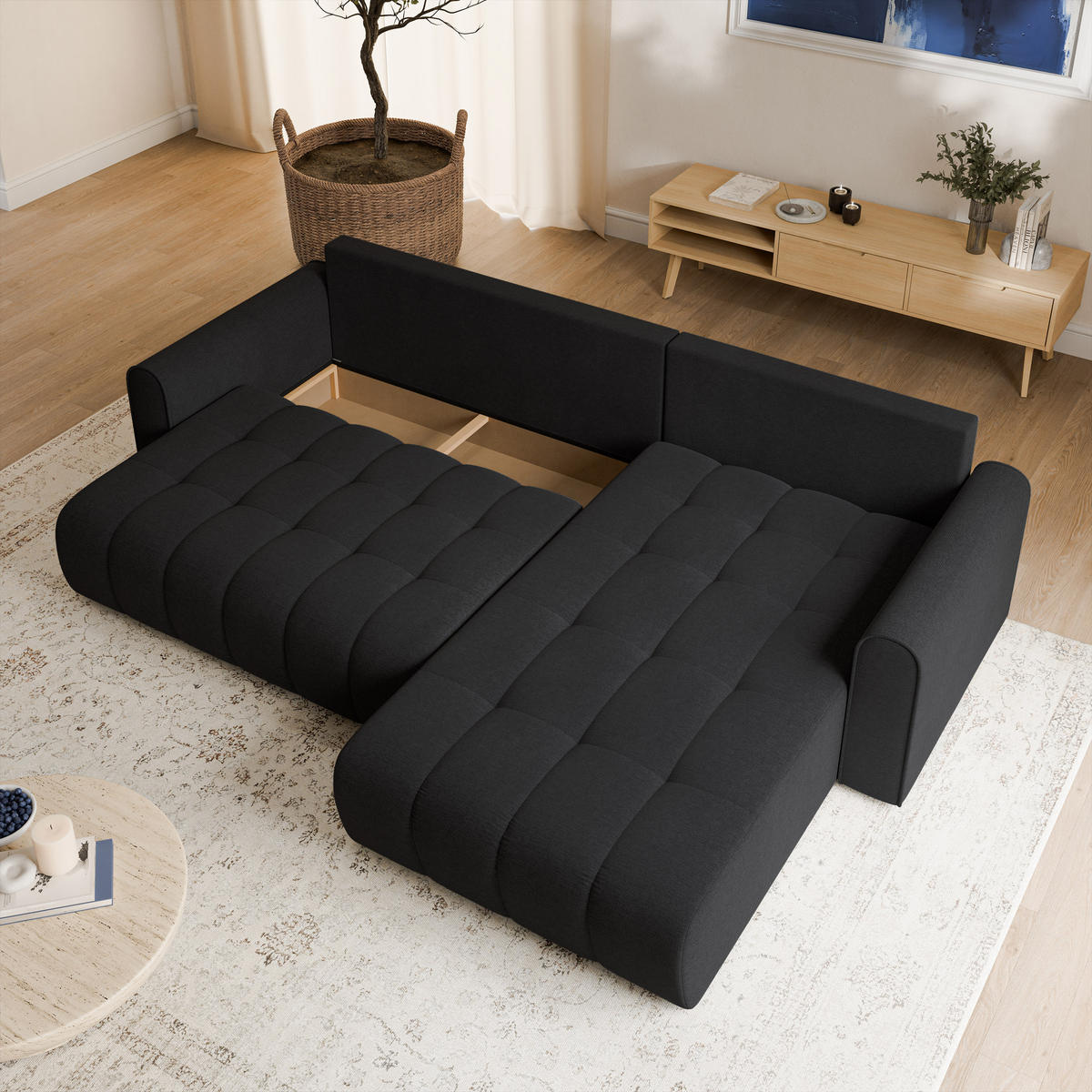 ECKSOFA FRIGA Schwarz Strukturstoff mit Schlaffunktion - Schwarz, Holz (283/185cm) - MASSENO