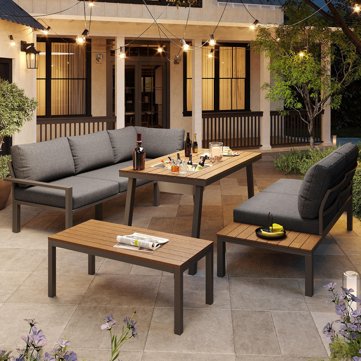 GARTENLOUNGE-SET Sitzgruppe für 6-7 Personen Gartenmöbel-Set Tischplatte mit Eiskübel - Grau, Textil/Metall - STILVORA