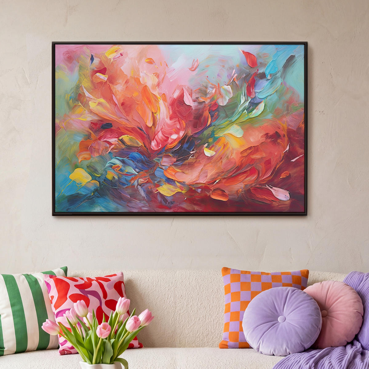 LEINWAND Bilder mit Rahmen - Ölgemälde - Kunst - Abstrakt - Farbenfroh - 90x60 - Altrosa, Textil (90/60cm) - MuchoWow