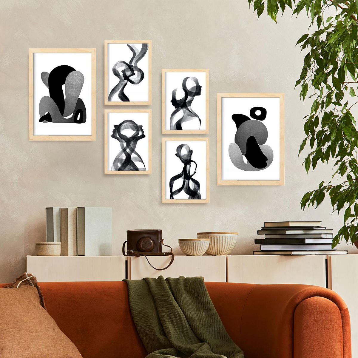POSTER Set Mit 6 Bent Body Abstrakte Liebhaber Größe A3 & A4 Rahmen aus hellem Holz - Beige, Papier (29.7/1cm) - Nacnic
