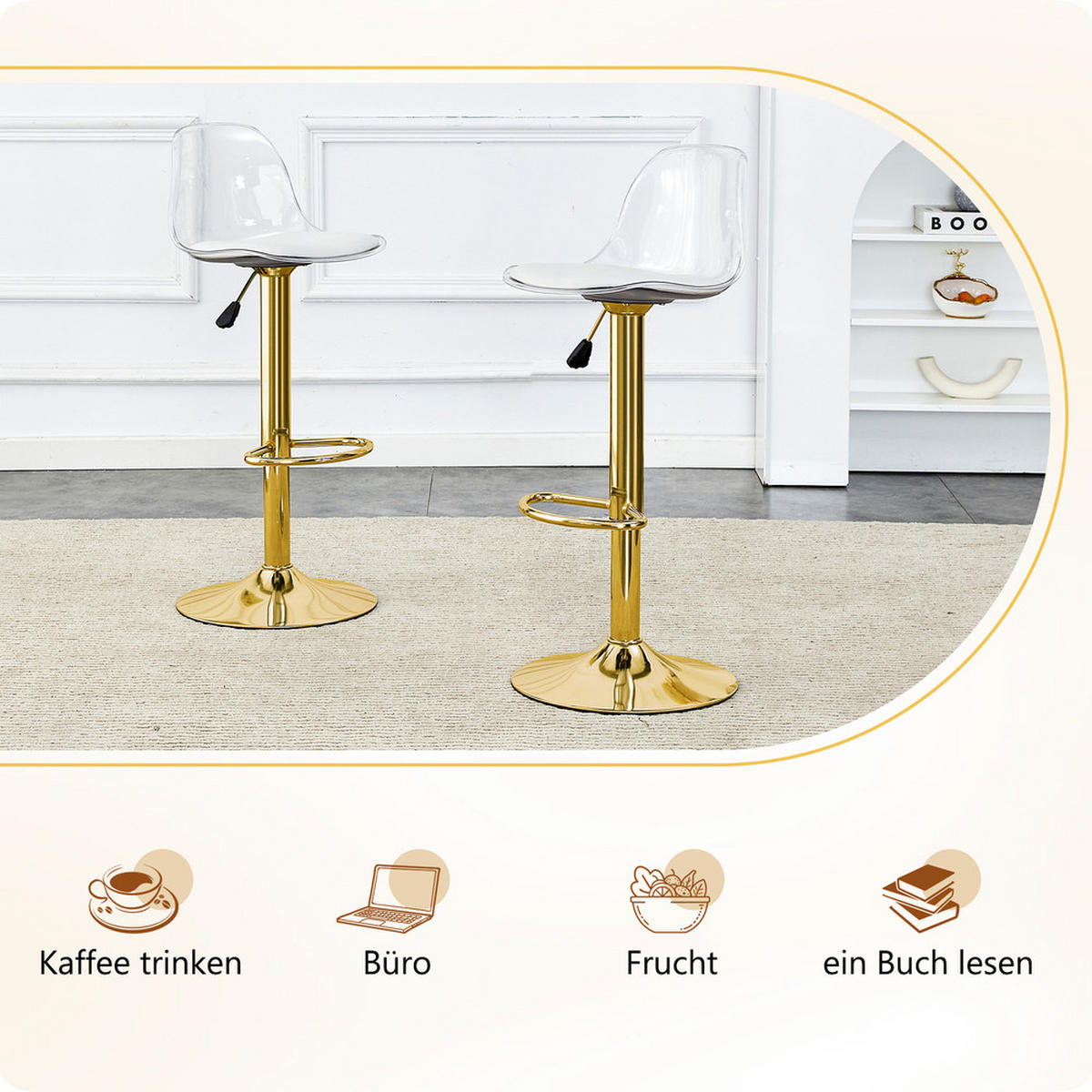 TISCHGRUPPE 3-tlg 2 Hockern Gold 89 cm - Transparent/Goldfarben, Glas/Metall (93/6/93cm) - Raelunyi