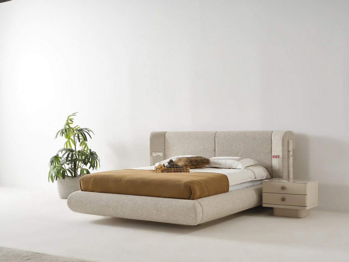 BETTANLAGE SEBASTIAN Schlafzimmer-Set, 4-teilig, Beige, Bett mit Kopfteil, 2 Nachttische und Kommode - Beige, Leder/Holzwerkstoff (160/200cm) - Villa Möbel